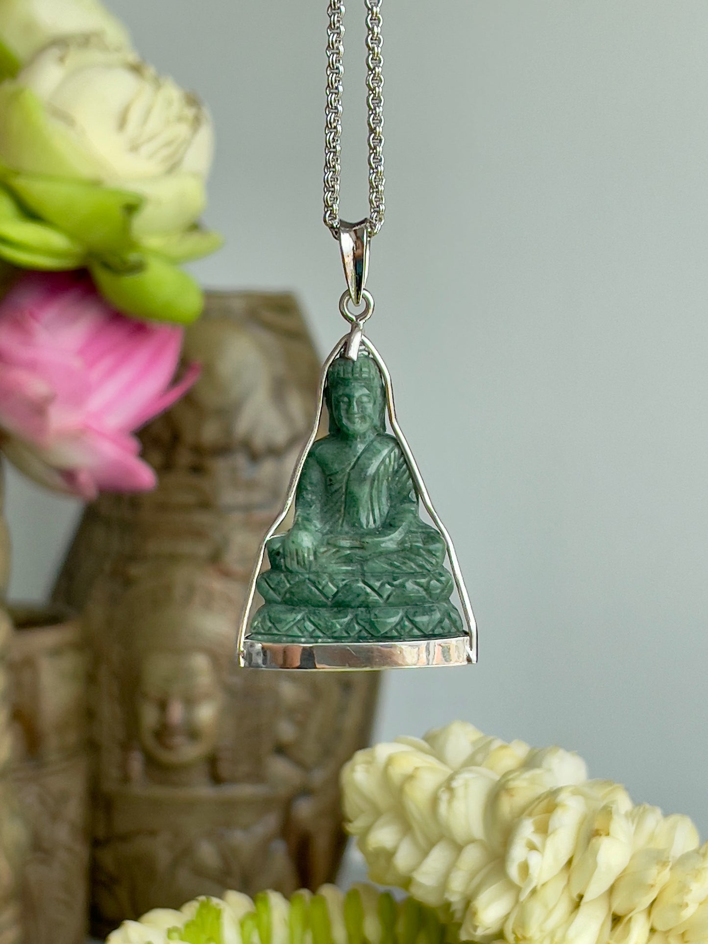 Khmer Style Green Pursat Stone Buddha in Silver