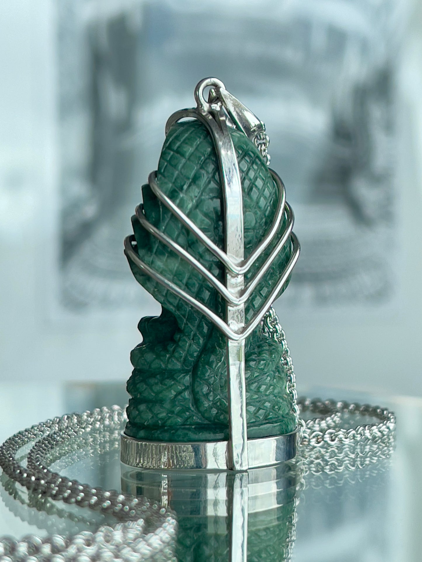 Khmer Style Green Pursat Stone Naga Buddha in Silver