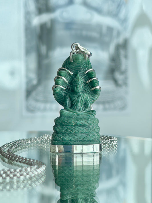 Khmer Style Green Pursat Stone Naga Buddha in Silver