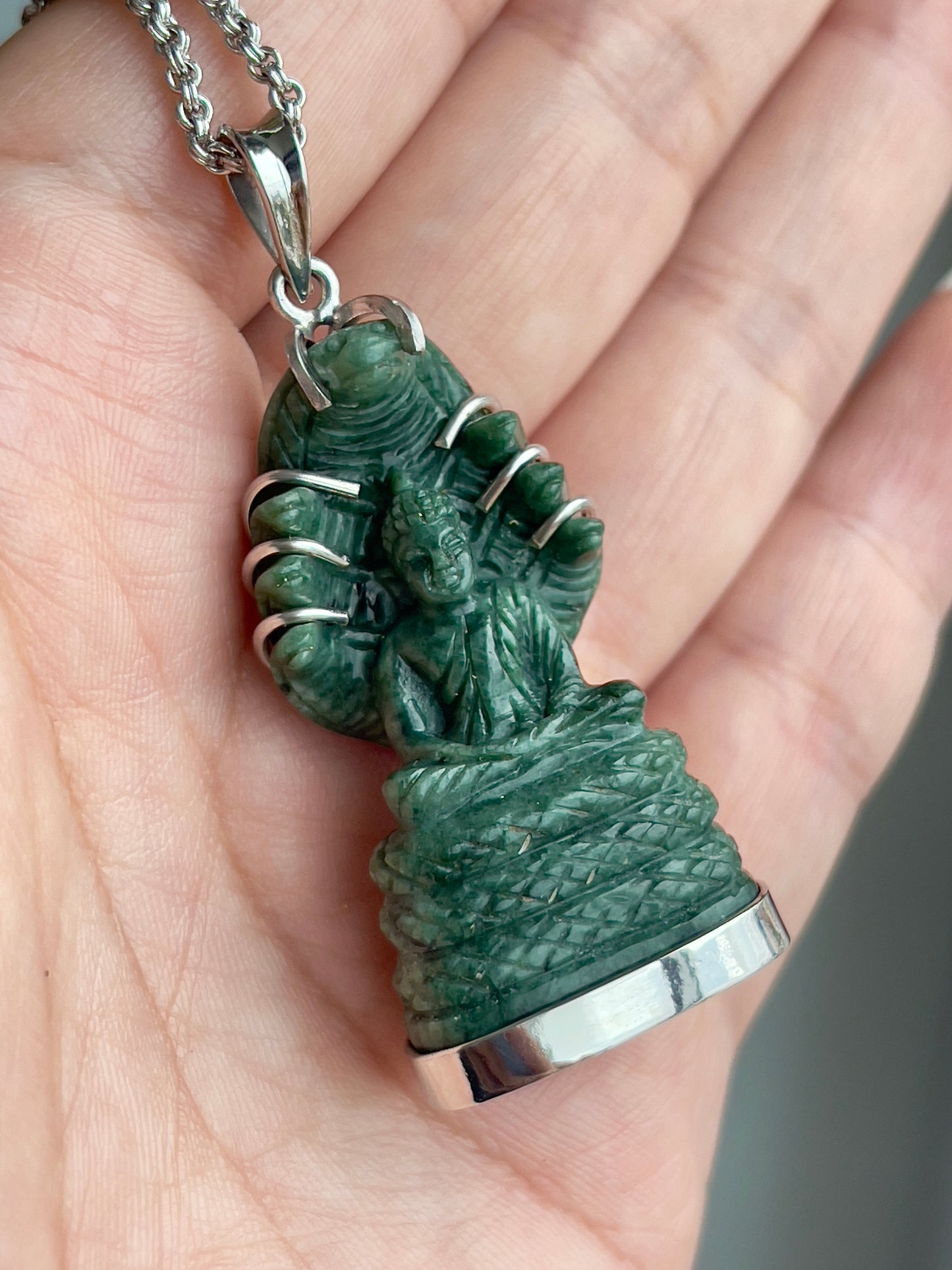 Khmer Style Green Pursat Stone Naga Buddha in Silver