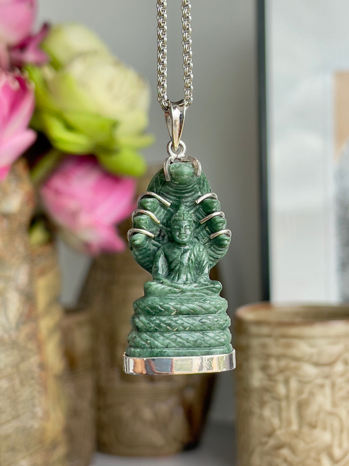Khmer Style Green Pursat Stone Naga Buddha in Silver