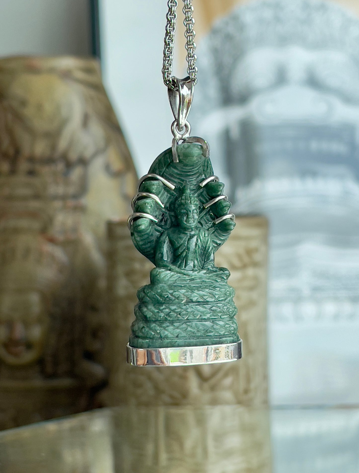 Khmer Style Green Pursat Stone Naga Buddha in Silver