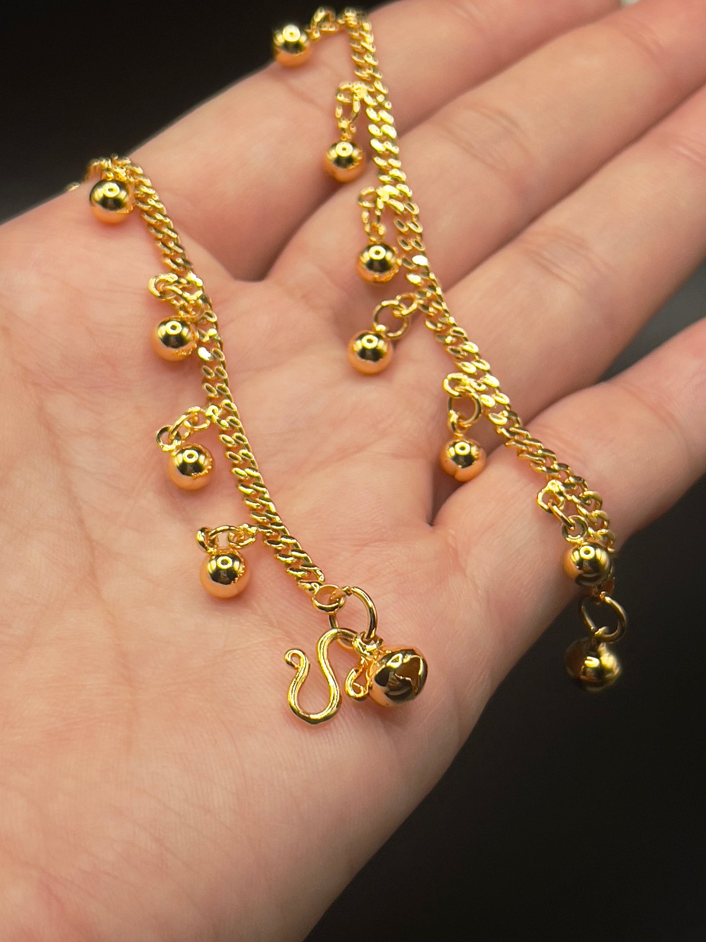 Gold Plated Khmer Style Ball Anklets for Adults: 9.5 inches
