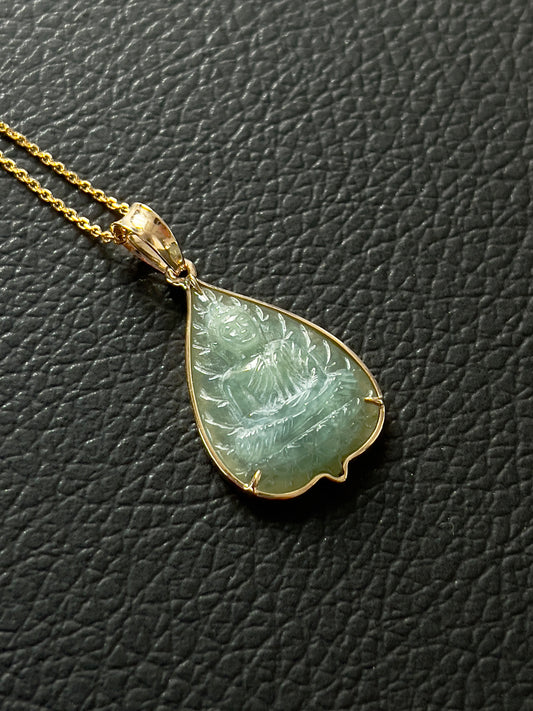 Jade Banyan Leaf Buddha Pendant 10k Gold #883
