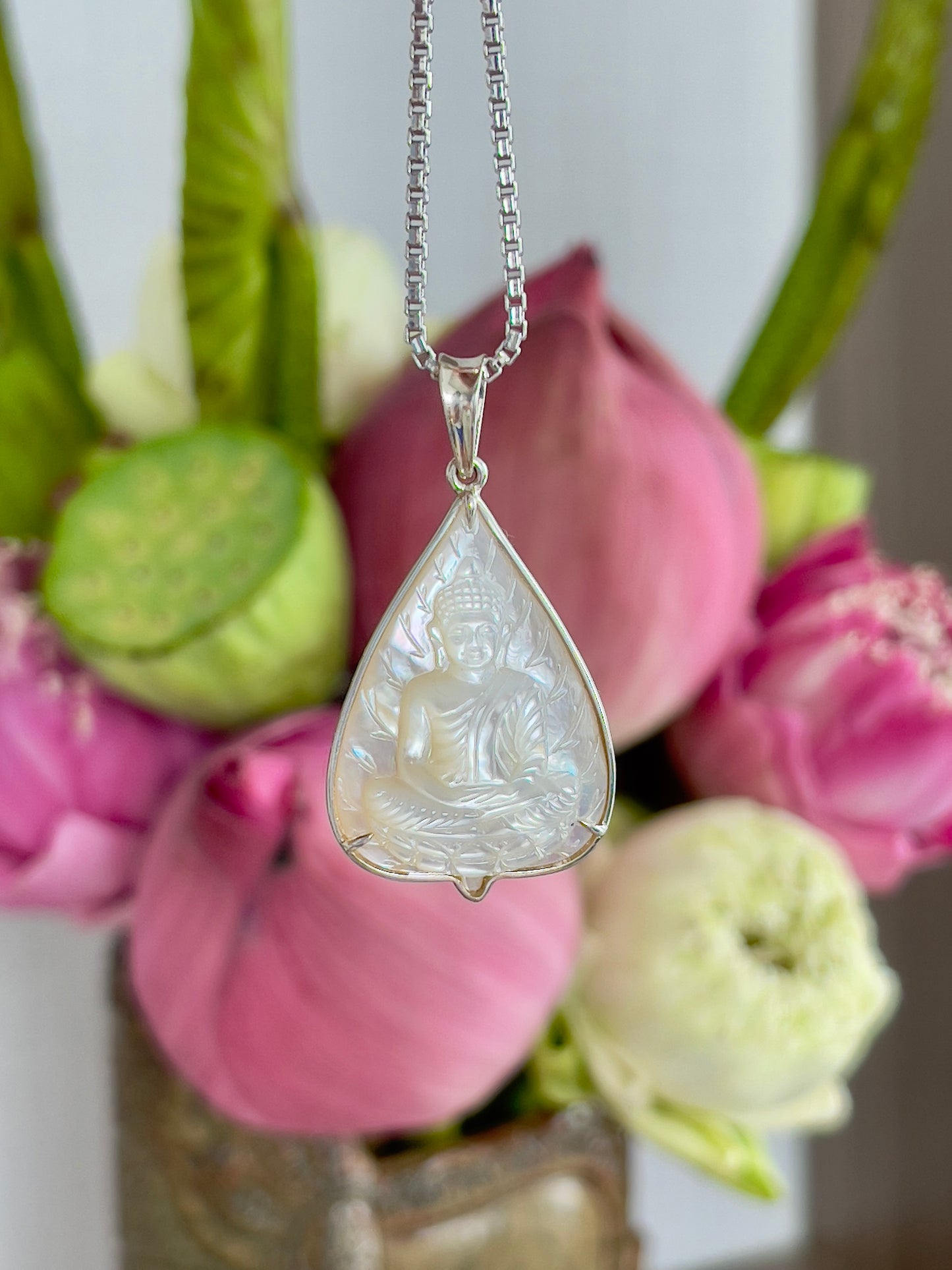 Mother of Pearl Banyan Leaf Buddha in Silver #888
