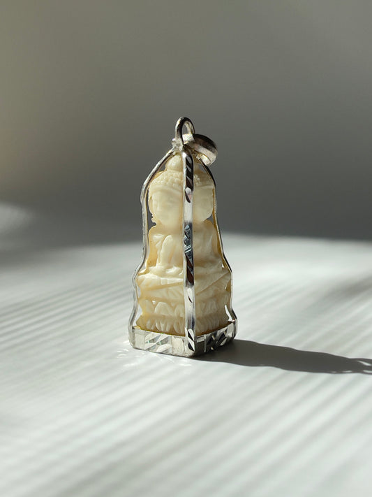 4-Sided Cow Bone Buddha Pendant in Silver #646